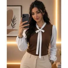 Camisa Blusa Feminina Manga Longa  Bufante-Princesa-Gola laço-Gravata-Modesta Elegante