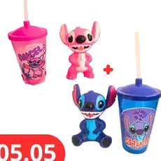 Kit Infantil Stitch e Angel • 2 Copos com Canudo + Boneco de Vinil • Brinquedo Criança Presente