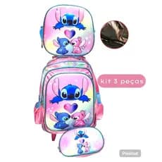 KIT MOCHILA STICH 3D ESCOLAR LANCHEIRA TÉRMICA + ESTOJO GRANDE MENINA IMPORTADA REFORÇADA RODINHA