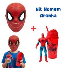 Kit Brinquedo Homem Aranha Máscara Infantil Boneco 15cm Copo Chantilly 400ml Presente Menino
