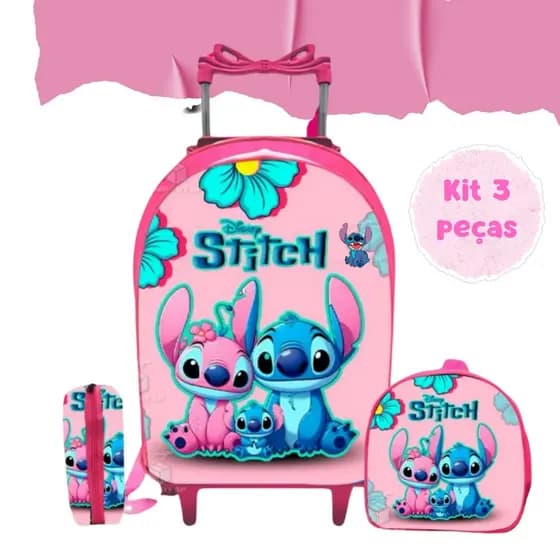 Kit mochila Escolar Rodinha Stitch 3 peças Lancheira+Estojo infantil menina