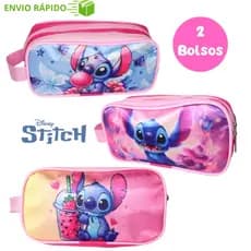 Estojo Escolar Infantil Stitch Menina 2 Bolsos Grande - Lápis, Caneta