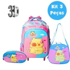 Kit 3 Peças Mochila Grande de Rodinha Capivara Menina infantil 3D + Lancheira Térmica + Estojo Reforçada