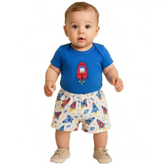 Conjunto Bebê Body Bordado foguete + Short Com Bolso estampado verão