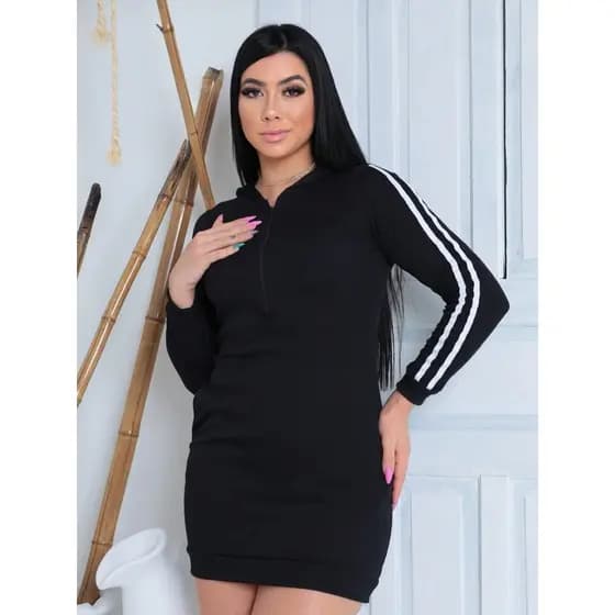 Vestido Curto Feminino Esportivo Manga Longa com Zíper e Capuz Moda Blogueira Comfort