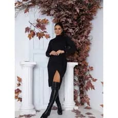 Vestido Midi Feminino Manga Longa Gola Alta e Fenda Frontal com Amarração Transpassada Tendência