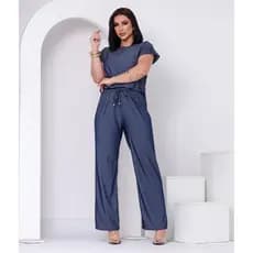 Conjunto Feminino Blusa Gola Redonda Manga Japonesa e Calça Reta Wide Leg Cordão Ajustável Chambray
