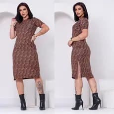Vestido Midi Feminino Animal Print Plus Size Curve Oncinha Fenda Lateral Manga Curta Moda Blogueira