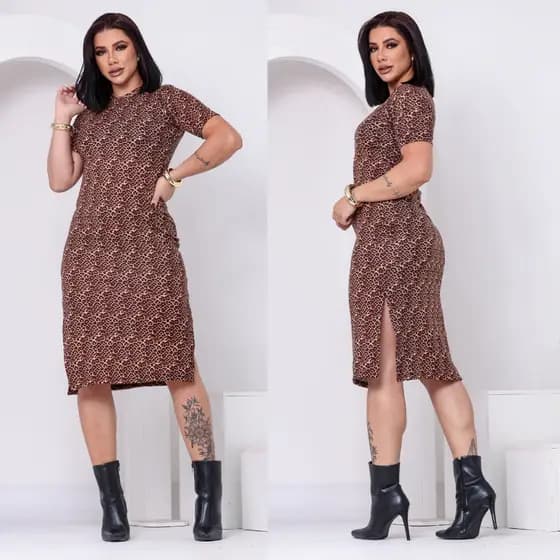 Vestido Midi Feminino Animal Print Oncinha Fenda Lateral Manga Curta Tendência Fashion