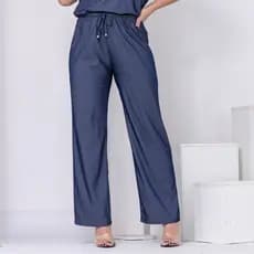 Calça Feminina Plus Size Pantalona Wide Leg Reta Chambray Cordão Ajustável Tendência Elegante