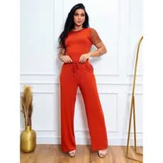 Conjunto Feminino Camiseta em Paetê e Calça Pantalona Viscolycra Com Bolsos e Cordão Ajustável