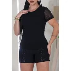 Conjunto Feminino Blusa e Short com Paetê Com Bolsos Ana Ruga Canelado Premium