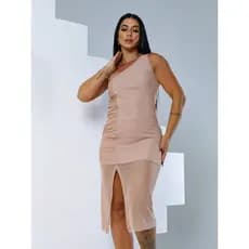 Vestido Midi Feminino Tubinho Mula Manca de Tule Drapeado Com Fenda Lateral