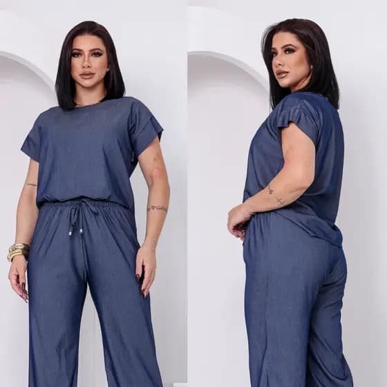 Blusa Jeans Feminina Manga Japonesa Gola Redonda em Chambray Moda Elegante