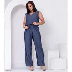 Conjunto Feminino Blusa Regata Decote em V e Calça Reta Wide Leg Chambray Elegante