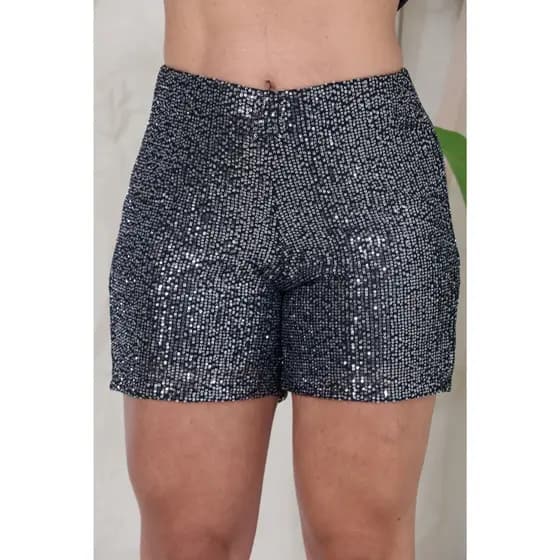 Short Feminino Paetê Brilho Forrado Cintura Alta com Elástico Moda Festa Balada