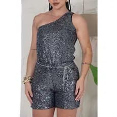 Conjunto Feminino em Paetê Short Cintura Alta e Blusa Assimétrica Um Ombro Só Moda Festa Elegante