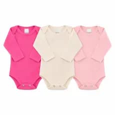 Kit 3 Body Bebê Manga Longa Suedine Liso 100% Algodão Menino Menina Neutro Inverno Recém Nascido