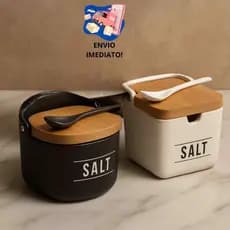 Saleiro Ceramica Tampa De Bambu Preto Branco Luxo Com Colher Porta Sal Condimentos Temperos