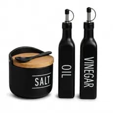 Galheteiro Vinagreiro Azeiteiro e Saleiro de Vidro e Porcelana Preto Tampa de Bambu Vinagre Oleo Azeite Sal Madeira