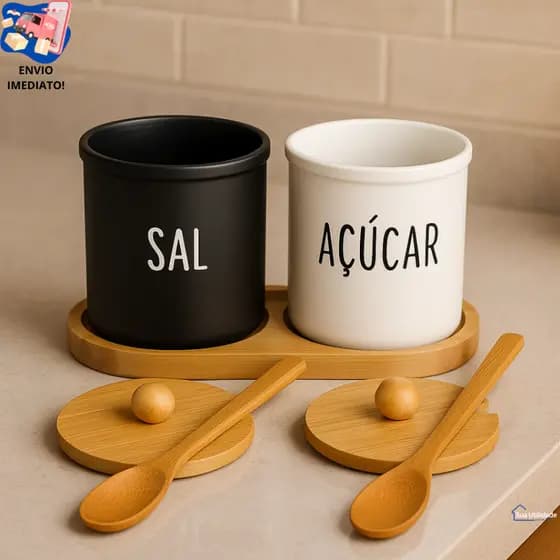Kit Saleiro Açucareiro 300ml Colher Bandeja Bambu Sal Açucar Preto Branco Madeira Suporte Galheteiro