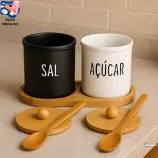 Kit Saleiro Açucareiro 300ml Colher Bandeja Bambu Sal Açucar Preto Branco Madeira Suporte Galheteiro