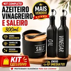 Kit Azeiteiro Vinagreiro e Saleiro Preto Manhattan Vidro Porcelana Inox de Bambu Azeite Vinagre Sal