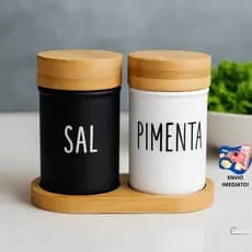 Porta Condimento Sal Pimenta De Preto e Branco Com Suporte Bambu Kit 3 Peças Saleiro Pimenteiro Vidro Para Mesa Moderna