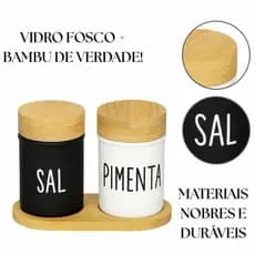 Galheteiro Saleiro Pimenteiro Suporte Bambu Preto Branco Vidro Cozinha Sal Pimenta Porta Condimentos