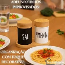 Kit 3 Peças Saleiro e Pimenteiro Suporte Bambu Preto Branco Vidro Mesa Posta Cozinha Sal Pimenta Condimentos Galheteiro