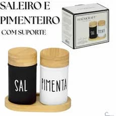 Saleiro e Pimenteiro de Vidro com Base de Bambu Bandeja Preto e Branco Conjunto Sal Pimenta Madeira Natural