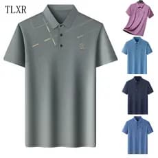 Camisa Polo Masculina de Seda Gelada de Manga Curta, Corte Solto, Casual para Negócios, Roupas de Verão para Pais, Taman