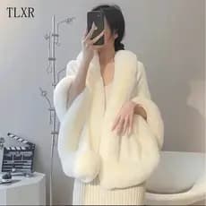 Novo Casaco Poncho de Outono Inverno com Gola de Pele de Coelho Sintética, Cardigã de Tricô Feminino Tamanho Grande QL53