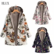 Casaco Feminino Retro de Inverno Europeu e Americano com Estampa de Folhas e Capuz de Manga Longa J6548