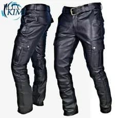 Calças Cargo Masculinas de Couro PU Estilo Biker com Zíper para Outono J6548