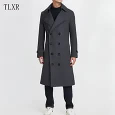Casaco Longo Masculino com Lapela Dupla, Sobretudo Casual de Inverno, Lã para Homens QL532