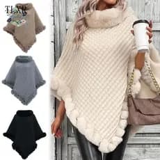 Poncho de Tricô Listrado Feminino para Viagens de Outono e Inverno, Lazer, Festa QL532