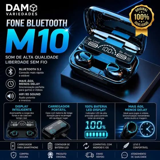 Fone De Ouvido Bluetooth 5.3 Sem Fio M10 TWS Redução De Ruído