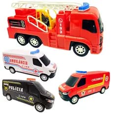 Kit 4 Carros De Resgate Caminhão Bombeiro Furgão Policia Ambulância Bombeiro Brinquedo Atacado
