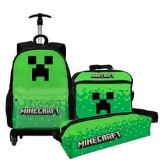Kit Mochila Bolsa Minecraft Escolar Com Estojo Infantil e Lancheira Térmica Bag Resistente
