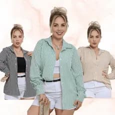 Camisa Feminina Manga Longa Social Casual Listrada Botão tecido crepinho blusa soltinha larga look