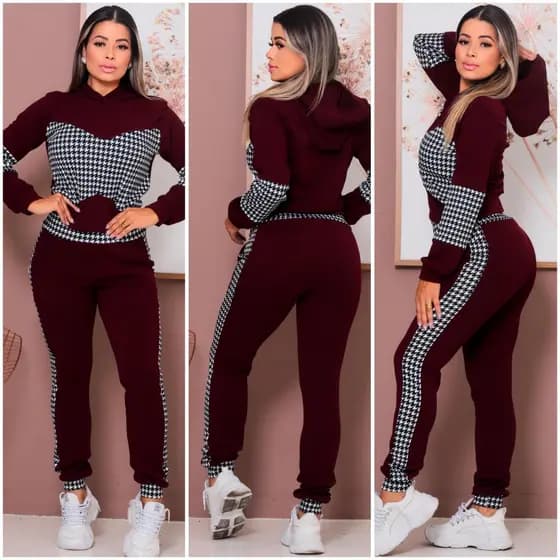 Conjunto Feminino em Crepe com Capuz Estilo Moderno com Estampa Pied de Poule