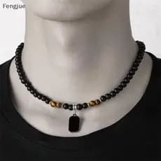 Fengjue Colar Masculino Fosco Com Design De Olho De Tigre E Acessórios Masculinos Contas BR