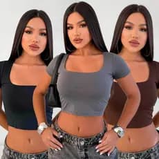 Cropped Gola Quadrada Decote Feminino Manga Curta Básico Suplex Tamanho Unico