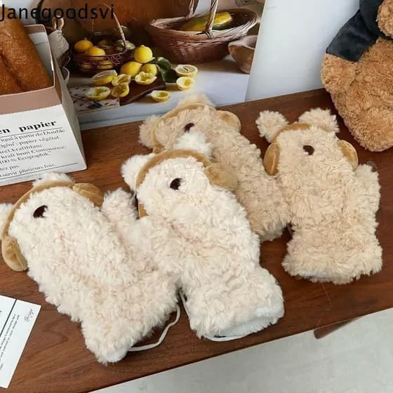 JANEGOODSVI Luvas Quentes , De Pelúcia Espessadas E Confortáveis Dedo Inteiro Com Tela Sensível Ao Toque De Ursinho