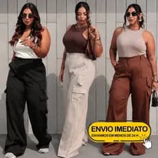 Calça Cargo Plus Size Feminina Wide Leg Com Bolsos reais Cintura Alta Elegante Calsa Calça Social