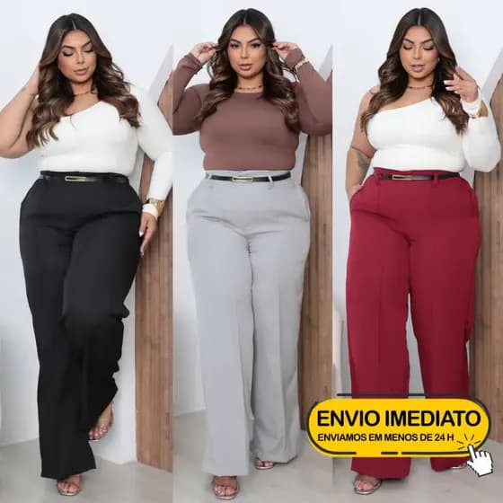 Calça Pantalona Plus Size Com Cinto Feminina Wide Leg Elástico C/ Bolso Cintura Alta Elegante