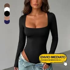 Body Feminino Adulto Decote Quadrado Manga Longa Segunda Pele Inverno
