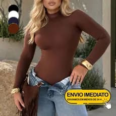 Body Gola Alta Manga Longa Collant Segunda Pele Tendência Moda Blogueira Elegante