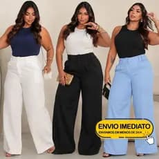 Calça Wide Leg Plus Size Pantalona Feminina Com 2 Botões e 2 Passantes Elegante Em Alfaiataria